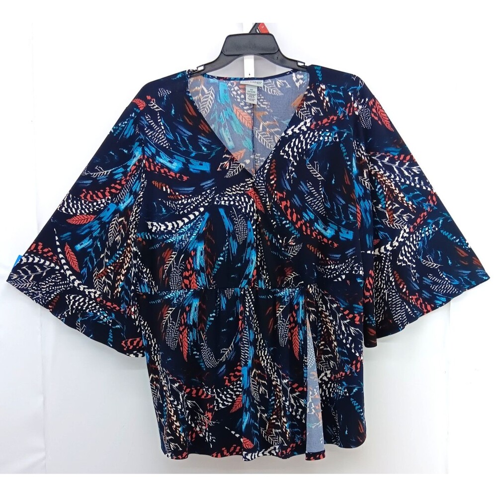 Catherines Blouse Women Size 2X Multicolor Abstract Floral 3/4 Sleeve V Neck Top